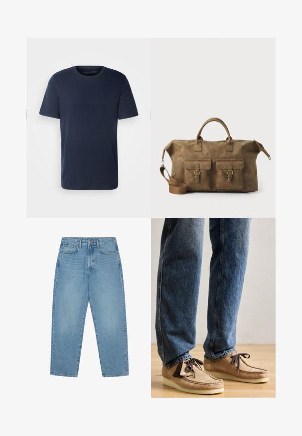 Navy sininen puuvillainen lyhythihainen t-paita, jossa on pyöreä kaula-aukko ja pieni brodeerattu logo rinnassa. Tasainen kangas, normaali istuvuus.; Vaaleansiniset leveälahkeiset farkut korkealla vyötäröllä, joissa on viisi taskua, vyölenkit ja pehmeä, hieman haalistunut pinta.; Tumma ruskeita mokkasiineja, joissa on vaalea beige väri, pyöreä kärki ja pehmeä valkoinen pohja. Varustettu nauhakiinnityksellä ja ompelutiedoilla.; Ruskea nahkainen duffel-laukku, jossa on kaksi etutaskua, säädettävä olkahihna, kultaiset yksityiskohdat ja tukevat yläkahvat. Lisääntynyt sileä rakenne.