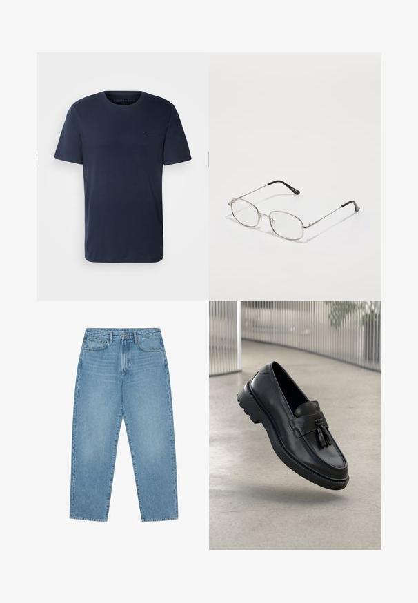 Tumed sinine puuvillane lühikeste varrukatega T-särk ümmarguse kaelusega, millel on rindadele väikene brodeeritud logo. Sile tekstuur, tavaline lõige.; Hele sinised teksapüksid sirge säärega, viie taskuga disain ja kergelt tuhmunud tekstuuriga. Varustatud nupuga ja luku sulgemisega.; Mustad nahast mokassiinid, millel on sile viimistlus, dekoratiivne tutt, paks kummist tald ja õmmeldud detailid. Kerge ja voolujooneline disain.; Metallraamidega prillid, ovaalse raamiga, hõbedaste äärtega ja selgete läätsedega. Õhukesed, sirged käepidemed mustade otstega, minimalistlik disain.; Must musta käsnaga valmistatud tekstureeritud sünteetilisest materjalist. Omab kahte käepidet ja reguleeritavat õlavarre rihma. Lihtne disain ilma nähtavate mustriteta.