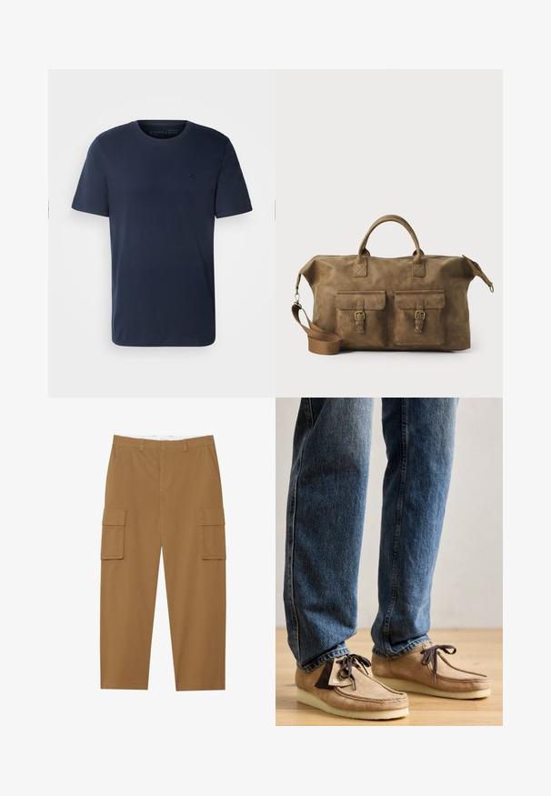 Tamno plava pamučna majica kratkih rukava s okruglim izrezom i malim izvezenim logotipom na prsima. Glatka tekstura, standardna fit.; Smeđe cargo hlače s dva bočna džepa, ravnim prednjim dijelom i ravnim krojem. Izrađene su od izdržljive tkanine s glatkom teksturom.; Suede mokasine u bež boji s tamnosmešnim akcentima, zaobljenim vrhom i mekanim belim đonom. Sadrži dizajn sa vezanjem i šivanim detaljima.; Smeđi kožni putni kovčeg s dva prednja džepa, podesivim remenom za rame, zlatnim detaljima i čvrstim gornjim ručkama. Glatka tekstura.