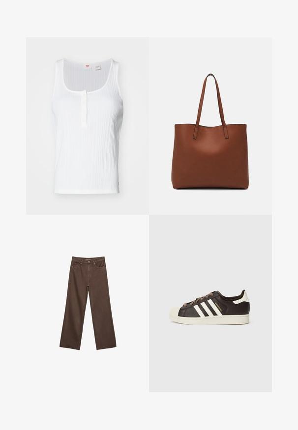 Valkoinen urheilullinen hihaton toppi, jossa on pyöristetty kaula-aukko, nappikiinnitys ja suora helma. Sivussa on pieni logo-tägi.; Leviittävät ruskeat farkut, jotka on valmistettu denimistä, korkea vyötärö, etutaskut ja klassinen nappikiinnitys. Silkkinen pinta hienovaraisella ompelutyöllä.; Matala Adidas Superstar -tennari tummanruskeasta nahasta, jossa on kermahtava kuorikärki, valkoiset raidat ja "Superstar"-teksti sivussa.; Ruskea nahkainen olkalaukku, jossa on sileä pinta, avoin yläosa ja kaksi olkahihnaa. Omaavat vain minimaalisen ompelun eikä näkyvää metalliosaa.