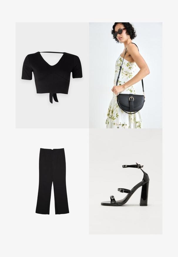 Črn skrajšani top iz elastične tkanine, z V-izrezom, kratkimi rokavi in detajlom z vezanjem na robu. Gladka tekstura z diskretnimi šivi.; Črne hlače ravnega kroja z naglavnimi žepi in stranskimi razporki na robu. Narejene iz mehke, gladke tkanine. Primerne za različne priložnosti.; Črne lakirane sandale s peto, kvadratnim prstom, trakovi okrog gležnja in srebrnimi zaponkami. Opremljene so s stabilno Debelo peto.; Črna usnjena torbica s ukrivljeno obliko, z odstranljivo naramnico in zlatimi dodatki. Torbica ima pokrov s podrobnostmi v obliki zaponke.