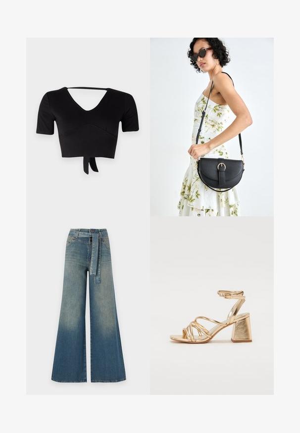 Černý zkrácený top vyrobený z elastické látky, s výstřihem do V, krátkými rukávy a mašlí na lemu. Hladká textura s jemnými švy.; Džínové kalhoty širokého střihu s přechodem od světlé k tmavě modré, vysokým pasem, poutky na opasek a odpovídajícím opaskem ze stejného materiálu. Texturovaná džínovina.; Zlaté metalické sandály na podpatku s páskovým designem, čtvercovým blokovým podpatkem a nastavitelným kotníkovým popruhem se sponou. Hladký povrch.; Černá kožená kabelka s křivkovým tvarem, odnímatelným popruhem a zlatými detaily. Kabelka má klopu s přezkou.