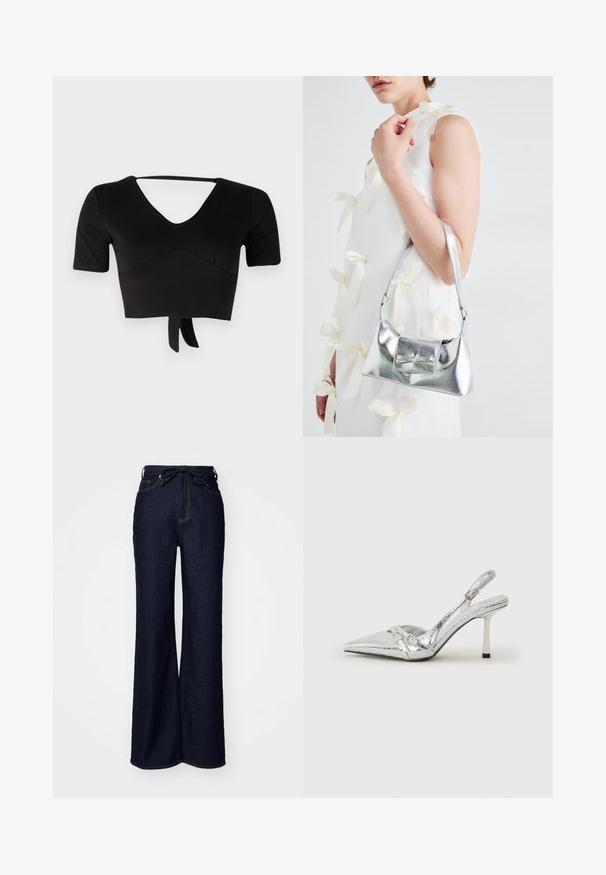 Melna saīsināta blūze, izgatavota no elastīga auduma, ar V veida kakla izgriezumu, īsām piedurknēm un auklas detaļu apakšmalā. Gluda tekstūra ar nelielām šuvēm.; Tumši zili plataji džinsi, kas izgatavoti no denima, ar augstu jostasvietu, priekšējām kabatām un jostas saites aizdari.; Sudraba slingback augstpapēžu kurpe ar norādītu purngalu, metālisku apdari, diviem dekoratīviem siksniņām un plānu papēdi ar melnu galu.; Sudraba metāla rokassoma ar struktūru formu, aprīkota ar augšējo rokturi un priekšpusē esošu loku. Gluda tekstūra, atstarojoša virsma.