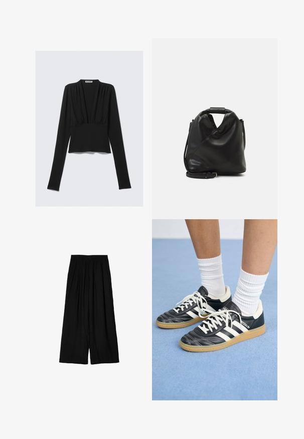 Black long-sleeve cropped top with deep V-neck and slight gathers below the neckline, laid flat on a light background.; Black wide-leg pants made of lightweight fabric, featuring an elastic waistband and soft, crinkled texture. Floor-length design.; Black leather sneakers with white stripes, round toe, white laces, and gum rubber sole. Accentuated by padded collar and branding details.; Black, soft leather bag with a unique twisted design. Features a short handle and a detachable shoulder strap. Minimalist style.
