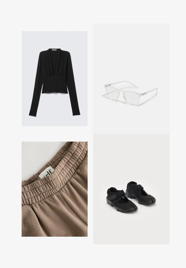 Sort langærmet cropped top med dyb V-hals og lette folder under halsudskæringen, lagt fladt på en lys baggrund.; Brun elastisk taljebånd med samlet tekstur, vedhæftet label med teksten "self" og blødt stof, der har en glat overflade og neutral tone.; Sorte vandsko lavet af fleksibelt stof med en velcrorem, der har et unikt split-tå design og en tekstureret gummisål for bedre greb.; CHPO ZEBBE UNISEX - Briller med blålysfilter - transperent