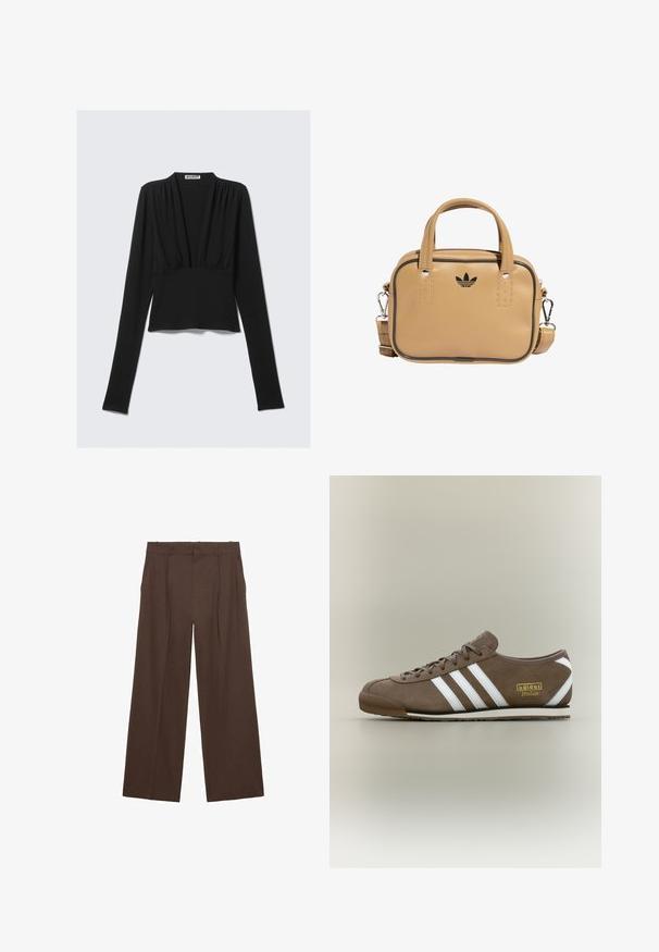 Schwarzes, langärmeliges, cropped Oberteil mit tiefem V-Ausschnitt und leichten Rüschen unterhalb des Ausschnitts, auf einem hellen Hintergrund flach ausgelegt.; Braune weit geschnittene Hosen aus einem glatten Stoff, mit hoher Taille, vorderen Falten und zwei seitlichen Taschen.; Brauner Wildleder-Sneaker mit drei weißen Streifen, flacher Gummisohle, rundem Zeh und goldenem "adidas Italia"-Logo an der Seite.; Beige veganes Lederhandtasche mit zwei Griffen, abnehmbarem Schultergurt, schwarzen Akzentnähten und einem kleinen schwarzen Logo auf der Vorderseite.