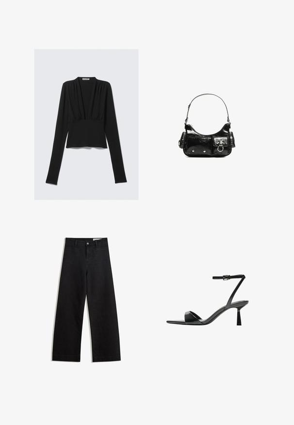 Musta pitkähihaine lyhyt toppi, jossa on syvä V-pääntie ja kevyet rypyt pääntien alla, asetettuna tasaiselle vaalealle taustalle.; Mustat leveät farkut korkealla vyötäröllä, joissa on etu- ja takataskut, ommellut saumat ja nappisuljenta. Silkinoinen rakenne.; Bershka Korolliset sandaalit - black; Mustekko mustasta kiiltonahasta valmistettu käsilaukku, jossa on kaareva muoto, yksi olkahihna, etutaskut ja hopeanväriset yksityiskohdat.