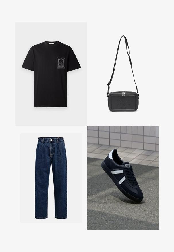 Black cotton t-shirt with short sleeves, featuring a graphic print on the left chest and a small red accent near the neckline.; Dark blue denim jeans with a straight-leg design. Features visible stitching, a button closure, and front pleats for added detail.; Black leather sneaker with white stripes, textured rubber sole, and lace-up front. Features a branded label on the tongue.; Black leather crossbody bag with a zip closure, embossed logo on the front, and adjustable strap. Smooth texture with a rectangular shape.