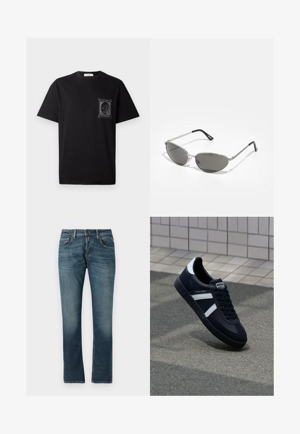 Sort bomulds T-shirt med korte ærmer, der har et grafisk print på venstre bryst og en lille rød detalje nær halsudskæringen.; Blå denim jeans med lige ben pasform, slidt vask, fem-lomme design og kontrastsyet. Knap og lynlås lukning.; Sort lædersneaker med hvide striber, tekstureret gummisål og snørrebånd foran. Har et brandet mærke på tungen.; Solsikker med en slank, sølvmetalramme, gråtonede linser og et aerodynamisk design med spidse kanter og tynde arme.