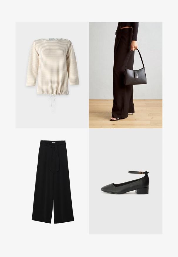 Stripet pullover i beige og kremfarge, med rund hals, trekvartlange ermer og snorhem som gir justerbar passform.; Svart vide bukser med teksturert stoff, elastisk midje og avtagbart belte som gir justerbar passform.; Sorte skinnpumper med spiss tå og lav blokkhelt. Har ankelrem med gullfarget spenne. Glatt tekstur.; Svart håndveske med strukturert form, jevn tekstur og metallisk lås. Kombinert med brede svarte bukser og sandaler med åpen tå på tregulv.