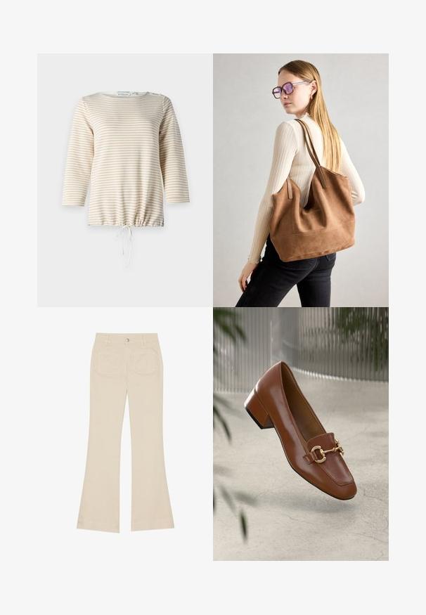 Stripet pullover i beige og kremfarge, med rund hals, trekvartlange ermer og snorhem som gir justerbar passform.; Beige bukse med vide ben og høy midje, laget av bomullsstoff. Har front- og baklommer, beltehemper og en enkel sølvknapp.; Brun lakkert skinn loafer med firkantet tå, metallkjedeakkent, og lav blokkheel; glatt tekstur, minimalistisk design.; Brun semsketotebag med myk tekstur, stor åpning og lange stropper. Har et enkelt design med synlig søm og uten maskinvare.