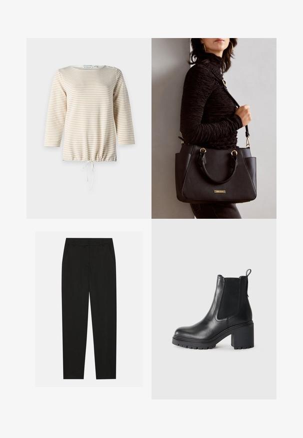 Svītrainā pulovera blūze bēšā un krēmkrāsā, ar apaļu kakla izgriezumu, trīs ceturtdaļu piedurknēm un aukliņu apakšā, kas ļauj pielāgot piegulumu.; Melnas bikses ar pielāgotu dizainu, ar sānu kabatām un taisnu kāju. Izgatavotas no gluda, viegla auduma ar elegantu apdari.; Melnas ādas potītes zābaki ar masīvu papēdi, elastīgām sānu paneļiem un vilkšanas cilpu aizmugurē. Strukturēta zole papildu saķerei.; Melnā rokassoma ar teksturētu virsmu, diviem augšējiem rokturiem un regulējamu pleca siksnu. Iespējas ar zelta krāsas aparatūru un sānu kabatām.