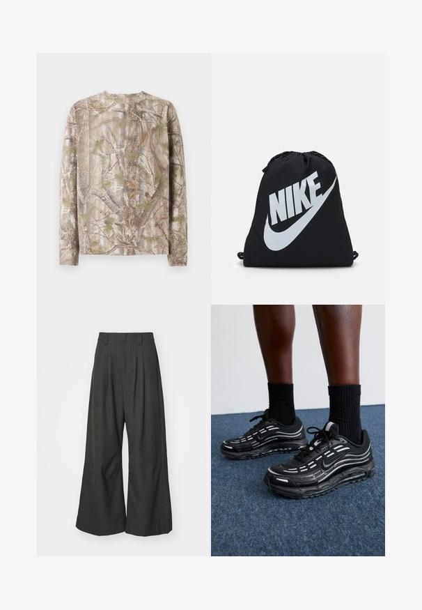 Long-sleeve shirt in a camo pattern featuring shades of brown, green, and gray, with a round neck and a relaxed fit. Textured surface resembles tree bark.; Jaded London GOLIATH TROUSER UNISEX - Trousers - grey; Black Nike shoes feature a mesh upper with accent stripes, textured lacing, and a black rubber sole. Worn with black ribbed socks.; Black drawstring bag with a large white Nike logo. Made of lightweight fabric with a smooth texture and rounded shape.