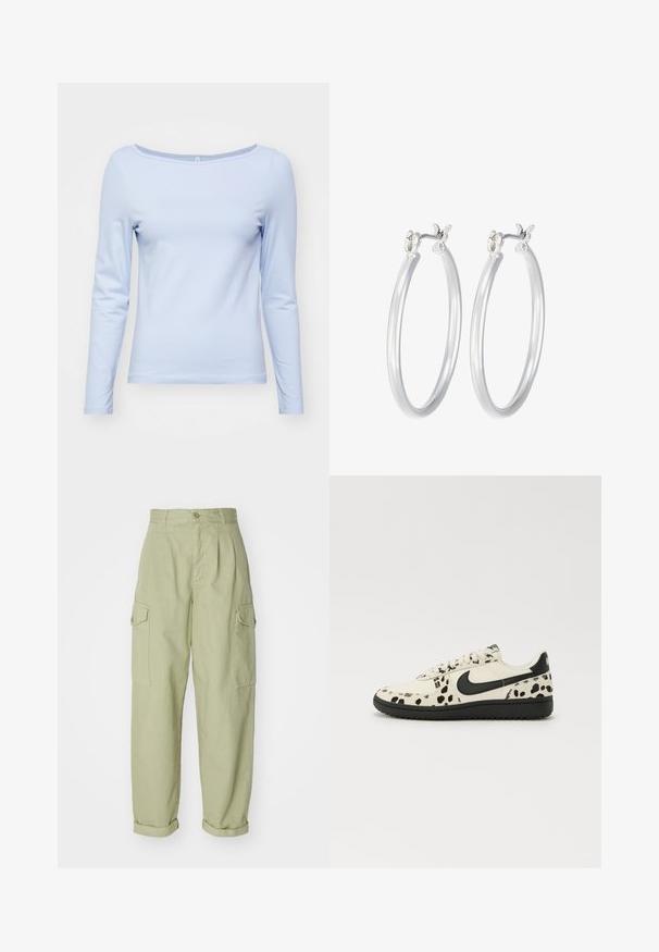 Hele sinine, pika varrukaga särk pehmest kangast, laia kaeluse ja kehaümber oleva lõikega. Sile tekstuur ja lihtne stiil.; Lühikeste varrukatega lühendatud särk heledas kollases, millel on vertikaalsed rohelised ja pastelltriibud. Sellel on kaks rinna taskut ja logo silt vasakul taskul.; Heledad rohelised cargo püksid, valmistatud puuvillakangast. Omavad kõrget talje, volditud pahkluup, ja kahte külgpoket lisafunktsionaalsuse jaoks.; Valged tenisers mustrilise mustade laikudega, must Nike Swoosh, lame paelad ja must kummitald. Klassikaline madal disain.; Hõbedased rõngaskõrvarõngad, millel on sile, läikiv viimistlus. Ümmargune kuju ja turvaline klõpsulatus. Kerge disain, sobib igapäevaseks kandmiseks.