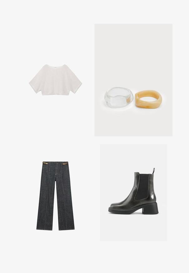 Gekürztes, offenes Strickoberteil in Hellgrau mit weitem Bootsausschnitt und Fledermausärmeln, weichem Textilgefühl und minimalen Nähten.; Helle Jeans mit weitem Bein und hoher Taille. Mit sichtbaren Nähten, einem Knopfverschluss und einem einzigartigen Kettenakzent an der Taille.; Schwarze Leder-Ankle-Boots mit glatter Oberfläche, elastischen Seitenpanelen und einem massiven Absatz. Sie verfügen über eine Zugschlaufe für einfaches Anziehen.; Klare und bernsteinfarbene Harzringe, einer glatt und transparent, der andere mit einer strukturierten, bernsteinfarbenen Oberfläche. Beide haben ein abgerundetes, massives Design.