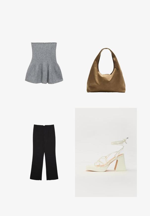 Mango Top - grey; Sorte bukser med lige pasform, der har frontlommer og slidser i kanten. Lavet af blødt, glat stof. Velegnet til forskellige anledninger.; Hvide højhælede sandaler med en kraftig hæl, der har et stropdesign og ankelbinding. Glat tekstur med en platform foran for ekstra højde.; Brun stof skuldertaske med en bred, rundet krop og et stort udsnit håndtag. Blød tekstur, minimalistisk design og ingen synlig hardware.