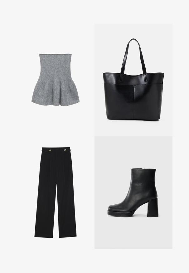 Mango Top - grey; Black wide-leg trousers with high waist, button details on waistband, and front pleats.; Black leather ankle boot with a block heel and platform sole, viewed from the side on a plain white background.; Black leather tote bag with two long handles, a smooth texture, and a structured shape. Features a front pocket for additional storage.