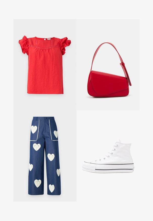 Červený top s krátkým rukávem vyrobený z lehké tkaniny, s volánkovými rukávy, texturovanou přední částí a zapínáním na klíčovou dírku na zadní straně.; Sister Jane HEART TO HEART - Džíny Straight Fit - blue denim; Bílé vysoké plátěné tenisky s černou gumovou podrážkou, přední gumovou špičkou a šesti očky na tkaničky, se čistým, minimalistickým designem.; Červená kožená kabelka s ostrým, geometrickým designem. Má jeden nastavitelný popruh a klopu s prošívanými detaily.