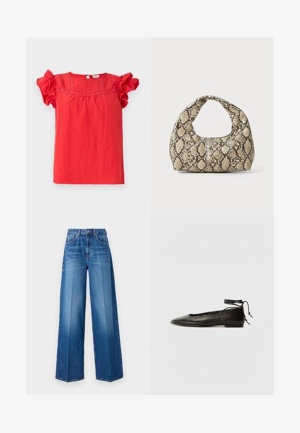 Rød kortermet topp laget av lett materiale, med volangermet, strukturert frontpanel og nøkkelhullsrygglukking.; Bredde ben denimjeans i en mellomblå vask, med en klassisk femlomme-design, beltehemper og glidelås-lukking.; Svarte lær balletflater med spiss tå, ankelbånd og flat såle, som har en glatt tekstur og minimalistisk design.; Veske med slangeskinnmønster og krummet håndtak. Laget av teksturerte, beige og brune materialer, med et særegent diamantmønster.