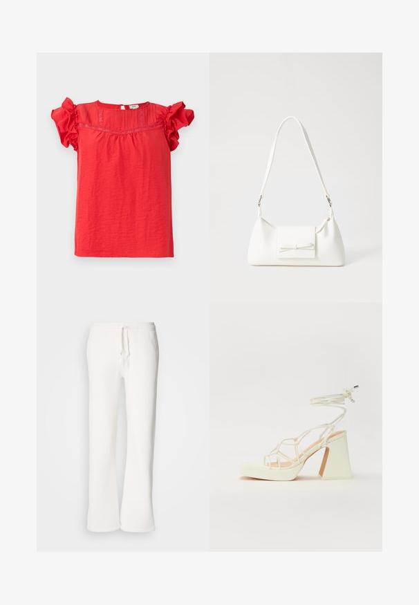 Rotes kurzes T-Shirt aus leichtem Stoff, mit Rüschensäumen, strukturiertem Vorderteil und einem Schlüssellochverschluss am Rücken.; Weiße, locker sitzende Schlafanzughosen aus weichem Material, mit einem elastischen Bund und Kordelzug sowie geradem Bein.; Weiße High-Heel-Sandale mit einem klobigen Absatz, die über ein Riemchendesign und ein Knöchelband verfügt. Glatte Textur mit einer Plattform vorne für zusätzliche Höhe.; Weiße synthetische Handtasche in dreieckiger Form, flache Vorderklappe und Schleifendetail, verstellbarer Trageriemen, glatte Textur und minimalistisches Design.