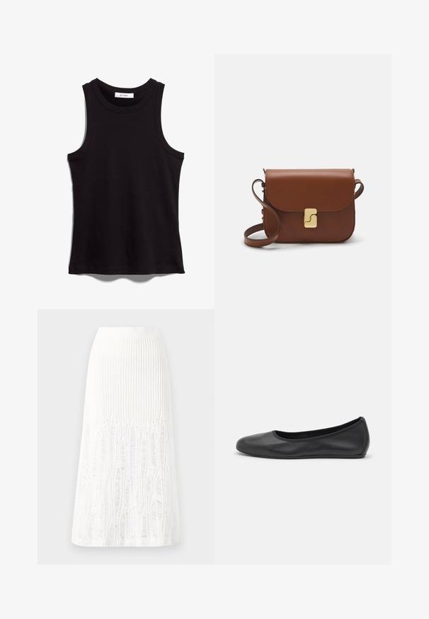 Top negro sin mangas fabricado en tejido acanalado. Presenta un cuello redondo y grandes aberturas para los brazos. Dobladillo recto con detalles de costura. Diseño simple.; Falda midi de punto blanca que presenta un patrón texturizado con líneas verticales y detalles recortados cerca del bajo. Cintura elástica. Material suave.; Bailarina de piel negra con punta redondeada, textura suave, detalle de costura minimalista y diseño de suela flexible.; Bolso de mano de cuero marrón con cierre de solapa, herrajes en tono dorado, correa para el hombro y una textura suave. Forma rectangular compacta.
