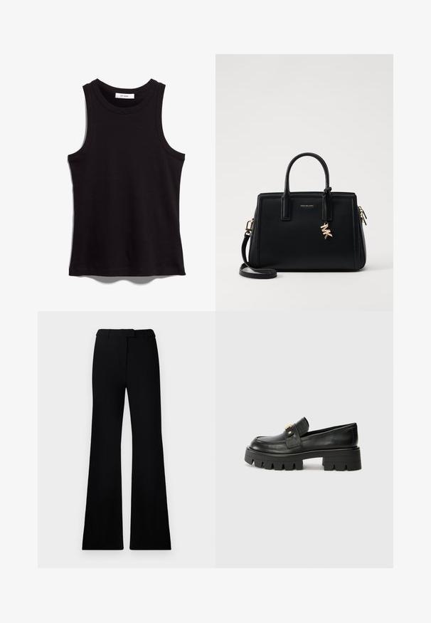 Svart tank topp laget av ribbestrikket stoff. Har rund halslinning og brede armhull. Rett nederkant med sømdetaljer. Enkelt design.; Sorte vide bukser med jevn tekstur, skreddersydd linning og frontlommer, designet med en slank, moderne silhuett.; Sorte skinnloafers med en kraftig såle, med en gulltoneakcent foran og en jevn finish. Kraftig mønsterdesign på sålen.; Svart skinnhåndveske med strukturert design, doble topphåndtak, avtakbar skulderrem, gullfarget hardware og en logo-detalj.