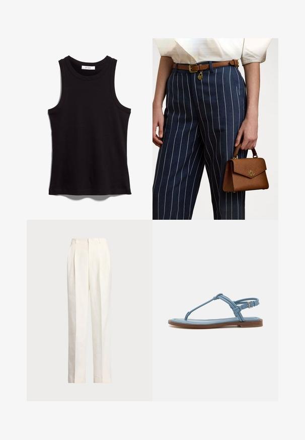 Camisola preta de alças feita de tecido canelado. Apresenta um decote redondo e cavas largas. Barra reta com detalhes de costura. Design simples.; Polo Ralph Lauren HEMP WIDE LEG PANT - Calças - nevis; Sandália de dedo em couro azul com sola plana, apresentando um design de tiras finas e fecho com fivela no tornozelo para um ajuste seguro.; Saco de mão castanho com textura e ferragens douradas, segurado ao lado de calças listradas em azul com linhas verticais brancas. Design simples e estruturado.