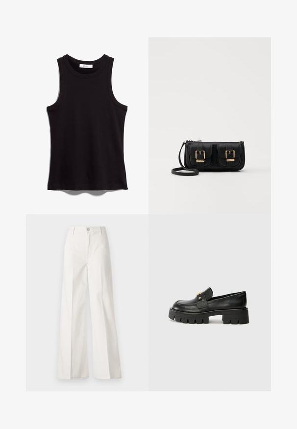 Fekete ujjatlan póló bordázott anyagból. Kerek nyakkivágással és széles karokkal rendelkezik. Egyenes szegély, varrott részletekkel. Egyszerű dizájn.; Fehér, bővebb nadrág, amely pamutból készült, sima textúrával. Elöl gombbal, cipzáras záródással és négy zsebes kialakítással rendelkezik.; Fekete bőr loaferek masszív talppal, elöl arany színű díszítéssel és sima felülettel. A talpon vastag mintázat található.; Fekete bőr keresztbody táska két elülső zsebbel, arany csattokkal, cipzáras záródással és vékony pánttal. Textúrált felület és kompakt téglalap alak.