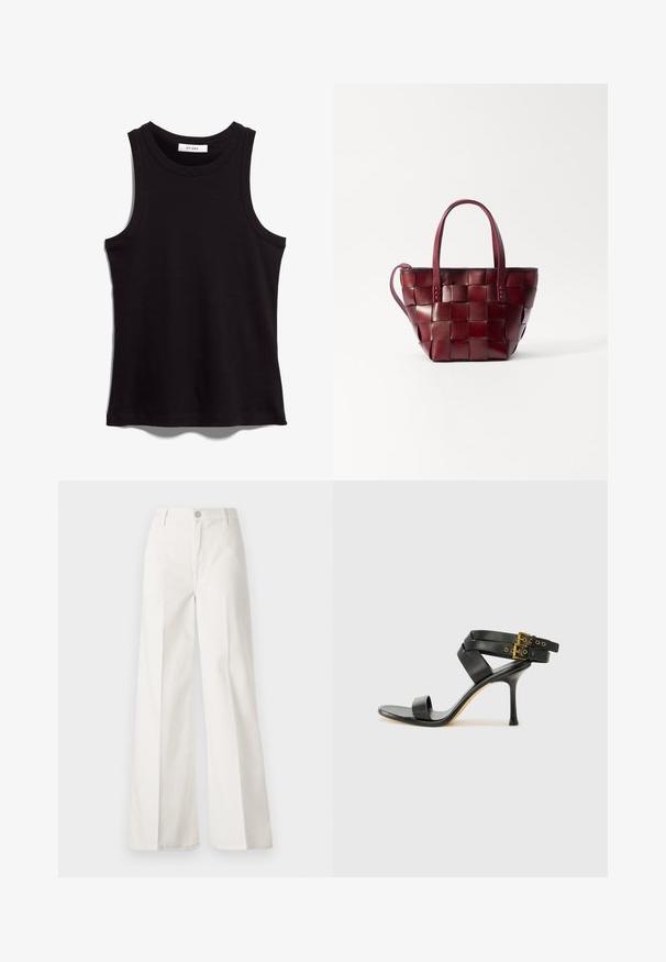 Sort tanktop lavet af ribbet stof. Har en rundt halsudskæring og brede ærmegab. Lige søm med syede detaljer. Enkel design.; Hvide vidde bukser lavet af bomuld med en glat tekstur. Har en frontknap, lynlås, og fire-lomme design.; Sort hæl-sandal med krydsede stropper og justerbar spænde. Har en glat overflade og spids stilettohæl.; Vevet bordeaux læder tote taske med to korte håndtag og en aftagelig skulderrem. Har en struktureret form og en glat overflade.