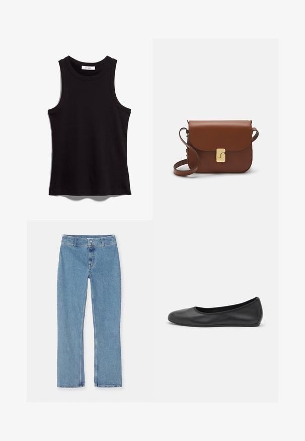 Juoda tankų marškinėlių viršutinė dalis iš įrūdinto audinio. Yra apvalios kaklo iškirptės ir plačios rankovių angos. Tiesus apatinis kraštas su siuvinėjimo detalėmis. Paprastas dizainas.; Šviesiai mėlyni tiesaus kirpimo džinsai su mygtukų ir užtrauktuko uždarymu, diržo kilpos ir standartinis siuvimas ant balto fono.; Juodai odiniai baletai su apvaliu pirštu, lygi texture, minimalus siuvimo detales ir lanksčiu padų dizainu.; Ruda odinė rankinė su uždaromu dangteliu, aukso spalvos detalėmis, petneša ir lygiu paviršiumi. Kompaktiška stačiakampio formos.