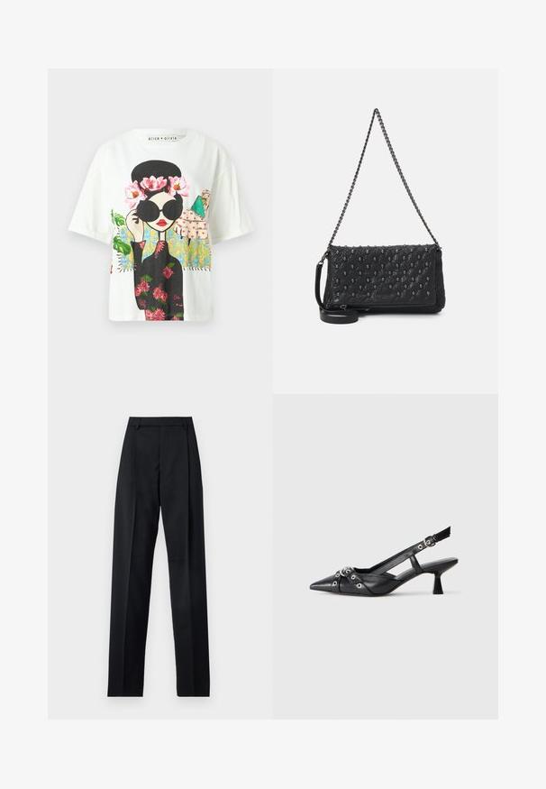 Bela kratka majica s kratkimi rokavi, ki prikazuje barvito grafiko ženske z črnimi sončnimi očali, cvetličnimi akcenti in zapletenimi ozadjnimi vzorci.; Črne hlače iz gladkega materiala, ki imajo visok pas, široke noge, sprednje nabore in klasične zanke za pas. Nevidni stranski žepi.; Črne usnjene sandale središnje zaponke z ostro konico, okrasnimi trakovi z kovinskimi očesi in nizko blokasto peto. Teksturirana površina.; Črna prešita usnjena torba s verižnim trakom, ki vključuje dodatke v obliki lobanj in zadrgo. Teksturirana površina z sijočim zaključkom.