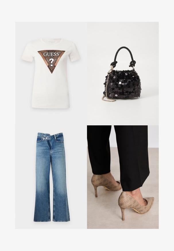 Weißes Baumwoll-T-Shirt mit einem großen, dreieckigen braunen und schwarzen Grafikdesign mit einem Schlüsselloch-Design und demText "GUESS U.S.A." in der Mitte.; Helle, blaue Jeans mit weit ausgestellt Bein und hoher Taille, ausgestattet mit zwei Knöpfen und vorderen Taschen. Der Stoff hat eine ausgewaschene Textur mit subtilen Variationen.; Beige High Heels aus strukturiertem Stoff mit einem sich wiederholenden Muster. Spitz zulaufendes Design mit einer Rückenausschnitt und goldenen Absatz.; Schwarze Pailletten-Mini-Handtasche mit einem geknoteten, strukturierten Tragegurt und einer silbernen Kette. Abgerundete Form mit gerafftem oberen Teil und reflektierenden Details.