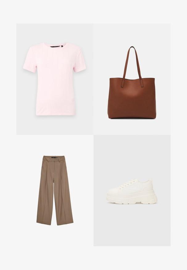 Polo majice s kratkimi rokavi, svetlo roza barve, izdelane iz teksturirane pletene tkanine, z okroglo ovratnico in navpičnim rebrastim vzorcem.; Bež hlače širokih nogavic iz gladkega materiala, z visokim pasom, sprednjimi gubami in stranskimi žepi. Čist, oblikovan dizajn.; Bela platnena teniska z debelim podplatom, okroglo konico in petimi luknjicami za vezalke. Zadaj je dodana zanka za enostavno obuvanje. Gladka tekstura, minimalistična zasnova.; Rjava usnjena torba z gladko teksturo, odprto zasnovo zgoraj in dvema naramnima trakovoma. Opremljena je z minimalnim šivanjem in brez vidnih kovinskih delov.