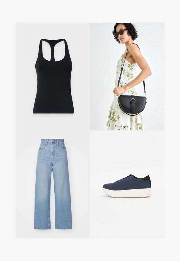 Black sleeveless tank top made of smooth, stretchy fabric; features a rounded neckline and a cut-out racerback design.; Light blue high-waist wide-leg jeans with front button and zip closure, front and back pockets, on a white background.; Navy blue sneaker with a textured fabric upper, white platform sole, rounded toe, and black heel accent. Features six eyelets for laces.; Black leather handbag with a curved shape, detachable strap, and gold hardware. The bag features a flap with a buckle detail.