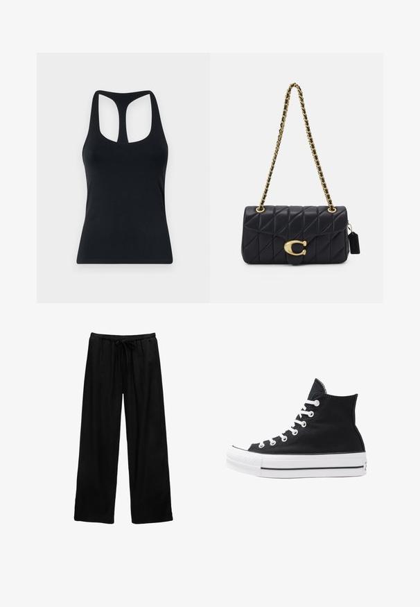 Fekete, ujja nélküli top, amely sima, rugalmas anyagból készült; kerek nyakú, és sportos, kivágott hátrésszel rendelkezik.; Fekete, bő szabású nadrág könnyű anyagból, gumis derékkal és húzózsinórral. Egyszerű dizájn, minta vagy fémrészletek nélkül.; Fekete vászon magas szárú sneaker, fehér fűzőkkel és gumitalppal. Texturált orr-rész és fekete-fehér csíkos kiegészítők jellemzik.; Fekete steppelt táska arany lánc pánttal, jellegzetes arany zár mellett és egy kis címkével, amely textúrált bőrfelületet mutat be.