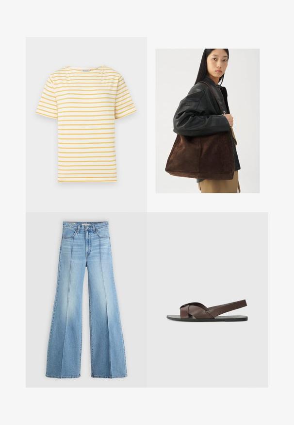 Stripet t-skjorte med vekslende gule og hvite horisontale striper, rund halslinning og korte ermer. Mykt bomullsmateriale.; Lyseblå høytlivsjeans med vide ben, front- og baklommer, beltehemper og vertikale sømdetaljer foran.; Brune lær sandaler med kryssreimdesign, flat svart såle og justerbar bakre rem. Glatt tekstur og minimale maskinvare detaljer.; Brun semsketoteveske med bred form og myk tekstur, med en enkelt stropp og minimal maskinvare mot en nøytral bakgrunn.