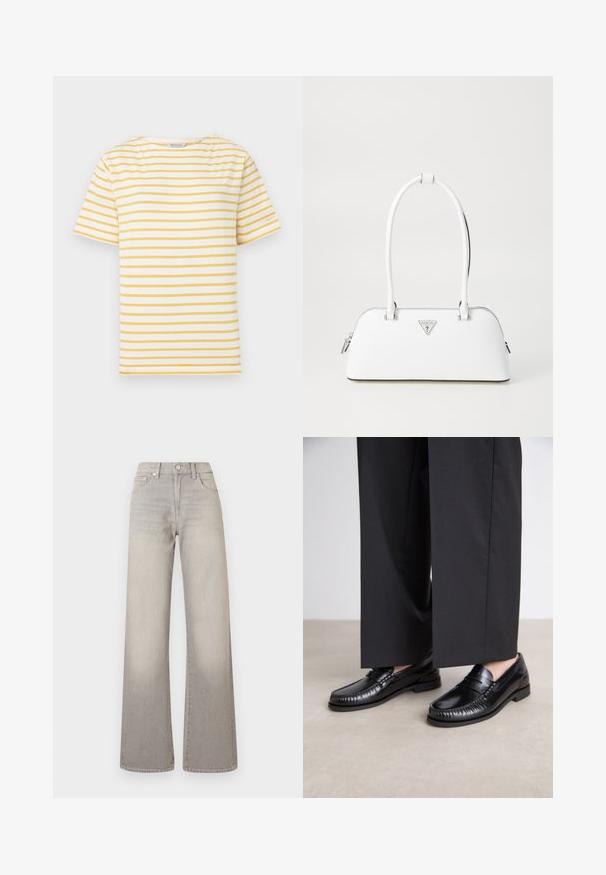 T-maica s prugama s naizmjeničnim žutim i bijelim horizontalnim prugama, okruglim izrezom i kratkim rukavima. Mekani pamučni materijal.; Sive široke traperice s izblijedjelim završetkom, zatvaranje na dugme, dizajn s pet džepova i prošivene detalje duž šavova.; Crne kožne mokasine s glatkom završnom obradom, prošivene detalje oko nožnog prsta i niskim gumeni potplat. Uparuđene s širokim crnim hlačama.; Bijela kožna torba s zakrivljenim oblikom, sadrži srebrni trokutasti logo i zatvaranje na patentni zatvarač. Glatka tekstura i dvostruke ručke.