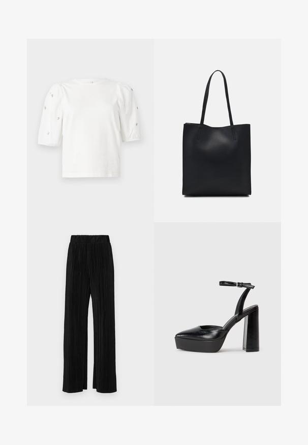 White cotton t-shirt with short puff sleeves, featuring small silver embellishments along the sleeves. Classic round neckline, relaxed fit.; Black pleated trousers with an elastic waistband. Features wide legs and a smooth, textured fabric with vertical stripes.; Black platform heels with a pointed toe and adjustable ankle strap. Constructed from smooth leather, featuring a chunky block heel.; Black leather tote bag with smooth texture, rectangular shape, and two long handles. No visible hardware or embellishments.