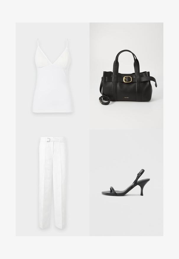Camisola bianca senza maniche con spalline sottili, caratterizzata da un design a V e un tessuto liscio e leggero con una silhouette aderente.; Pantaloni bianchi su misura con gamba larga, passanti per cintura e una cintura con fibbia in argento. Realizzati in tessuto leggero con una texture liscia.; Sandali con tacco alto in pelle nera, con tacco sottile e curvo e design a fascia incrociata. Cinghia alla caviglia regolabile. Texture liscia.; Borsa a mano in pelle nera con un design strutturato, doppie maniglie superiori, accentuazione in metallo dorato e logo del marchio in rilievo sul davanti.