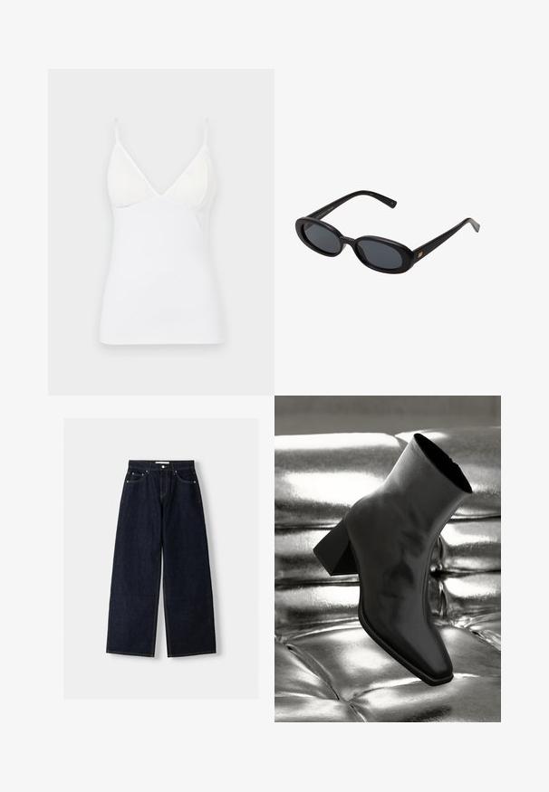Witte mouwloze top met dunne bandjes, voorzien van een V-hals ontwerp en een gladde, lichte stof met een aansluitende snit.; Donkerblauwe denim wijduitlopende jeans met een hoge taille, vijf zakken, contrasterende stiksels en zilveren metalen hardware. Gladde textuur en een nette afwerking.; Zwarte enkellaarsjes van glanzend materiaal met een vierkante neus en taps toelopende hak, afgezet tegen een glanzende zilveren gecapitonneerde achtergrond.; Zwarte oversized zonnebril met ovale lenzen, een glad plastic montuur en gouden accenten op de pootjes. Donkere lenzen bieden bescherming tegen de zon.