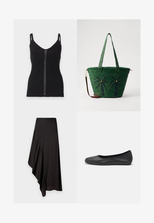 Juodas banguotės viršus su apvaliu iškirpimu, siaurais petnešėlėmis ir vertikaliu sidabrinių kniedžių eiliu per vidinę siūlę.; AERON ASTER SKIRT - Pieštukinis sijonas - black; Juodai odiniai baletai su apvaliu pirštu, lygi texture, minimalus siuvimo detales ir lanksčiu padų dizainu.; Žalia pynimo dydžio kuprinė su palmės medžiais tamsiai žaliai; turi dvi rankenas ir nuimamą rudos odos petinę dirželį.