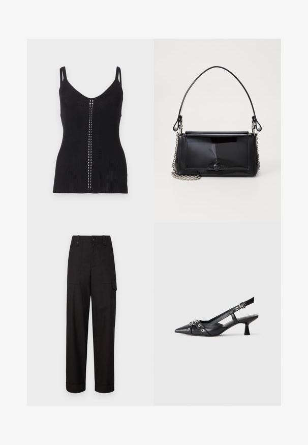 Černý pletený top bez rukávů s kulatým výstřihem, štíhlými ramínky a vertikálním řetězcem stříbrných cvočků podél středového švu.; Černé bavlněné cargo kalhoty s rovný fit, obsahující dvě boční kapsy a ohrnuté manžety. Zapínání na knoflík a zip ve předu.; Černé kožené slingback boty s špičatou špičkou, dekorativními pásky s kovovými očky a nízkým blokovým podpatkem. Texturovaný povrch.; Černá lakovaná kožená kabelka obdélníkového tvaru, řetízkový popruh a výrazné kovové zdobení uprostřed. Hladká textura.