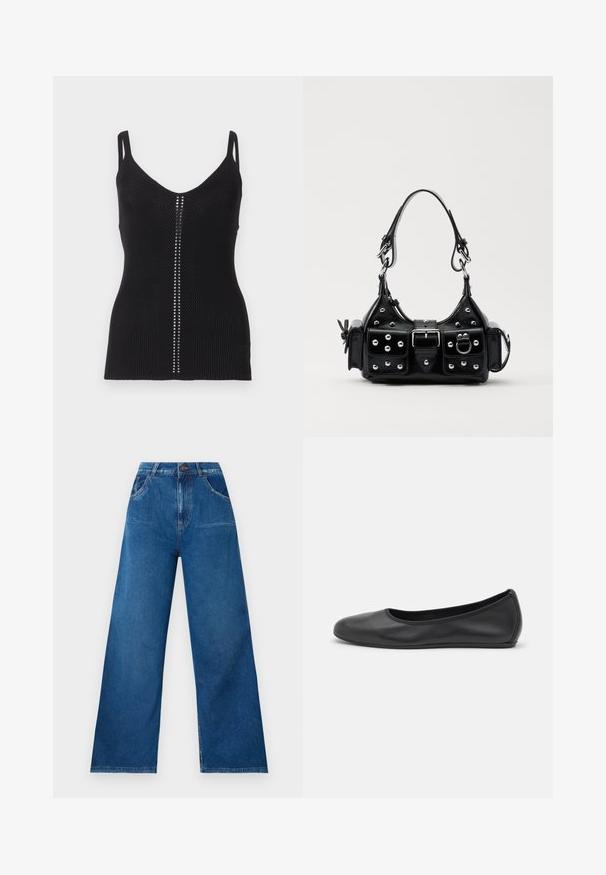 Juodas banguotės viršus su apvaliu iškirpimu, siaurais petnešėlėmis ir vertikaliu sidabrinių kniedžių eiliu per vidinę siūlę.; Tamsiai mėlynos džinsinės kelnes su plačiomis kojomis ir aukštu liemeniu, su priekinėmis ir galinėmis kišenėmis, taip pat su kontrastingomis siūlėmis.; Juodai odiniai baletai su apvaliu pirštu, lygi texture, minimalus siuvimo detales ir lanksčiu padų dizainu.; Juodas odinis rankinukas su kreiviu dizainu, su sidabro spalvos knopkėmis, užsegimu ir dviem šoninėmis kišenėmis. Reguliuojama dirželis nešimui.
