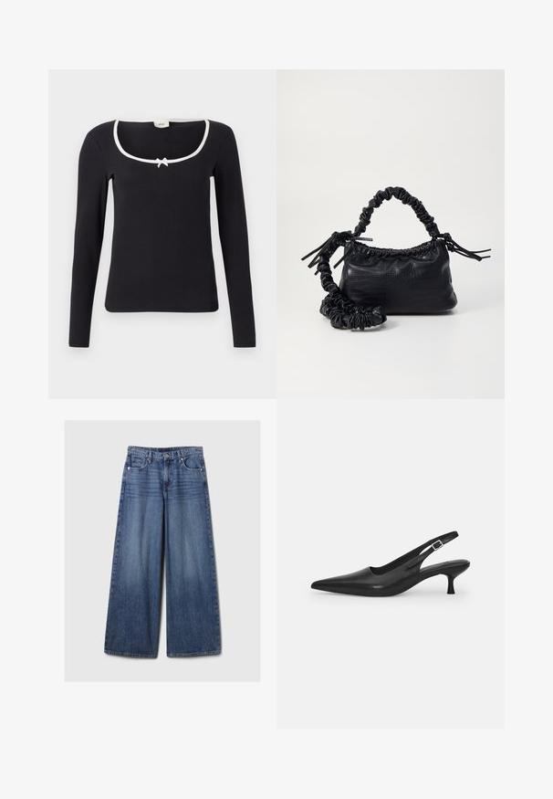 Crni top s dugim rukavima i kvadratnim izrezom, bijelim obrubom i malom mašnom u sredini. Mekana, rebrasta tkanina s prilagođenim oblikom.; Široke plave traperice s izblijedjelim finišom, s kopčanjem na gumb i patentni zatvarač, pet džepova i petljama za remen.; Crne kožne slingback cipele s oštrim nosom i uskim, zakrivljenim potplatom. Imaju diskretnu podesivu traku s metalnom kopčom.; Crna torba od umjetne kože s teksturom krokodila, s cinčanim vrhom i naboranom trakom. Izgleda mekano i kompaktno u dizajnu.