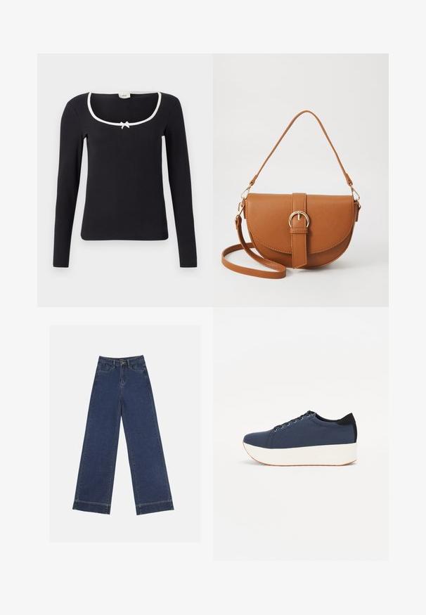 Top negru cu mâneci lungi, cu decolteu pătrat, margine albă și un mic detaliu cu fundiță în centru. Material moale, cu falduri, cu o siluetă ajustată.; Jeans evazați din denim albastru închis. Au cinci buzunare, bucle pentru curea și o margine brută la baza, cu detalii de coasere vizibile.; Sneaker albastru închis, cu un material texturat pe partea superioară, talpă platformă albă, vârf rotunjit și accent de călcâi negru. Dispune de șase găuri pentru șireturi.; Geantă din piele maro, tip crossbody, cu o formă curbată, accesorii aurii și un accent cu cataramă. Dispune de un curea de umăr detașabilă.