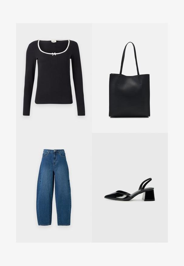 Must musta särk pikade varrukatega, ruudukujulise kaelusega, valge äärtega ja väikese paela detailiga keskosas. Pehme, sooniline kangas, mis on vormitud ja istub hästi.; Keskmise sinise tooniga teksad, millel on kõrge talje, lai jalaliik ja standardne viie taskuga disain koos nähtavate õmbluste detailidega.; Mustad musta lakknahk kingad, millel on terav varvas ja geomeetriline plokkkonts. Omab elegantselt minimalistlikku disaini ja sujuvat tekstuuri.; Mustast nahast kott sujuva tekstuuriga, ristkülikukujuline ja kahe pika sangaga. Pole nähtavat riistvara ega kaunistusi.