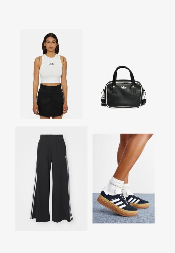 White cropped tank top with a round neckline featuring a black logo. Paired with a high-waisted black skirt. Simple and fitted design.; Black wide-leg sweatpants with an elastic waistband, featuring white side stripes and an embroidered logo on the left thigh.; Black suede sneakers with white stripes and accents, rounded toe, gum rubber outsole, paired with white ribbed crew socks.; Black leather handbag with two short handles, silver hardware, white accents, and a white logo. Features a textured surface and compact design.