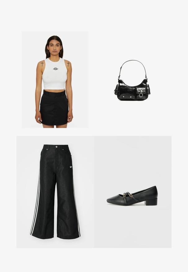 Top corto bianco con scollo rotondo e logo nero. Abbinato a una gonna nera a vita alta. Design semplice e aderente.; Pantaloni in denim neri a gamba larga con tre strisce bianche su ciascun lato e un piccolo logo bianco. Presentano tasche frontali e chiusura con bottone.; Scarpe con tacco a blocco in pelle nera con punta quadrata. Presentano due cinturini con fibbie dorate sopra il piede. Texture liscia, design minimale.; Borsa a spalla in vernice nera con forma curvata, una tracolla, tasche frontali e dettagli in metallo argentato.