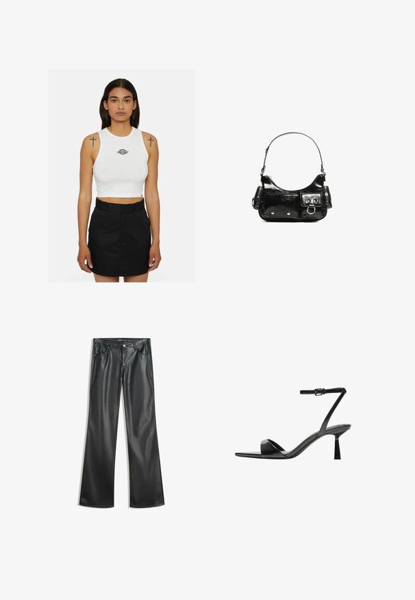 Witte cropped tanktop met een ronde halslijn en een zwart logo. Gecombineerd met een hoge taille zwarte rok. Eenvoudig en aansluitend ontwerp.; Zwarte nep leren flared broek met een gladde textuur, vijf zakken, ritssluiting aan de voorkant en contrasterende stiksels.; Bershka Sandalen met hoge hak - black; Zwarte laarzen in lakleer met een gebogen vorm, één schouderband, voorvakken en accenten in zilverkleurig metaal.