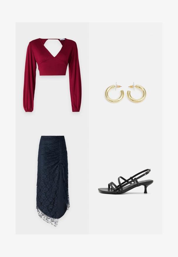 Burgundské croptop s dlouhými rukávy a hlubokým výstřihem do V. Obsahuje vykrojení na zádech a sešití na ramenech. Hladká textura.; Námořnická modrá krajková sukně se sklady, asymetrickým lemem, květinovým vzorem a průsvitným krajkovým lemem na spodní části. Materiál vypadá texturovaně.; Černé sandály na podpatku s několika křížovými pásky. Hladký materiál, špičatá špička a úzký podpatek. Nastavitelný pásek kolem kotníku s přezkou.; Zlaté kruhové náušnice s hladkým, lesklým povrchem. Kruhový design s malým kolíčkem a průhledným záznamem pro bezpečné nošení.